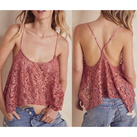 Intimately Free People Best Idea Cami Tank Sz S Rose Pink Sequin Knit Sheer Cami - Picture 7 of 13